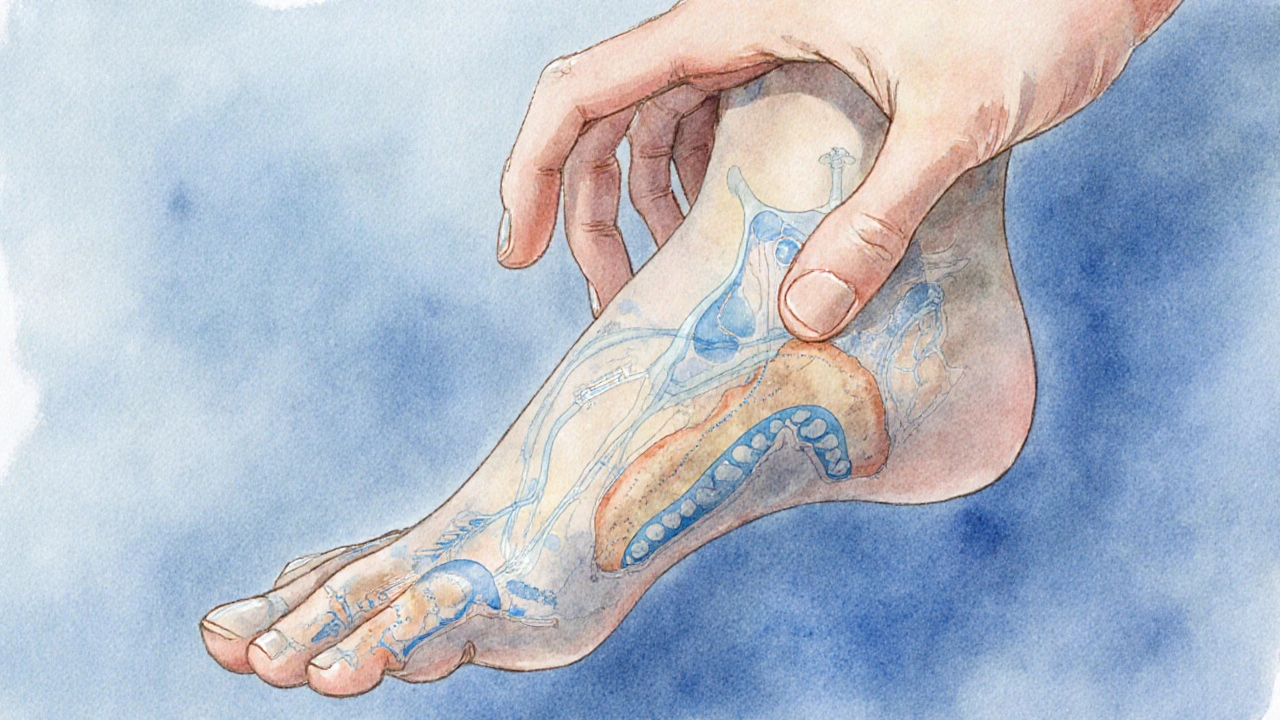 Nohu jako mapa těla s propojenými orgány ve vodové malbě.