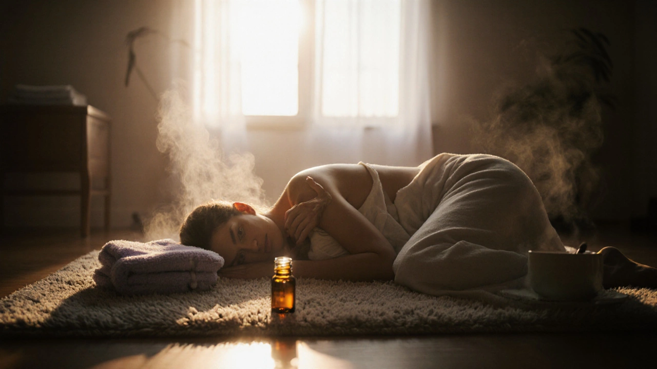 Pokoj v pološeru po masáži, člověk klidně odpočívá na koberci.