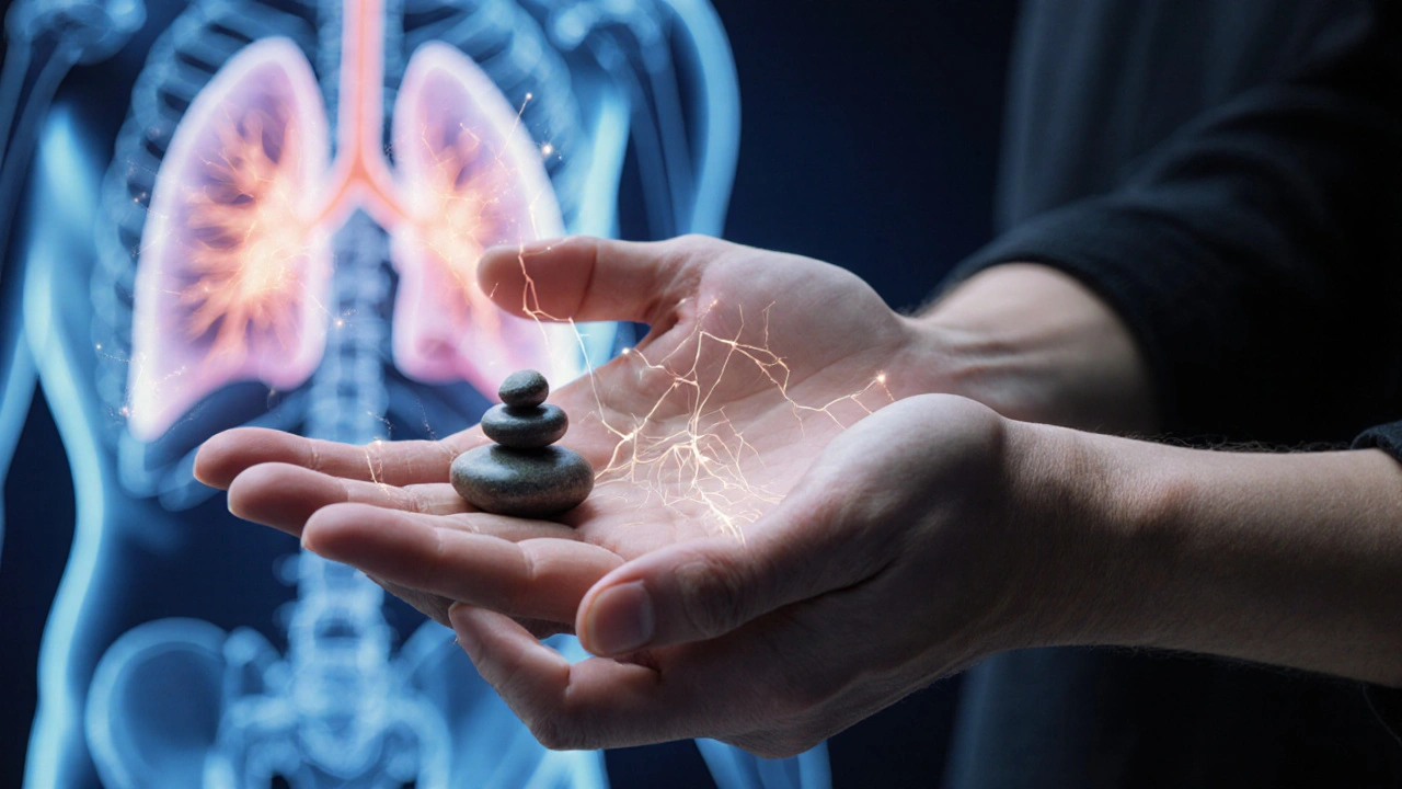 Ruce masírují dlaň s viditelnými nervovými cestami k orgánům.