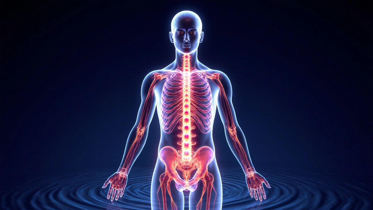 Abstraktní znázornění energie proudící tělem v červeno-zlatých tónech, symbolizující uvolnění a přítomnost.