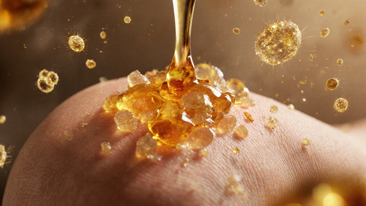 Detail kůže s odstraňovanými mrtvými buňkami a medovými vlákny.