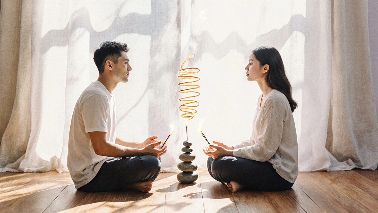 Dva lidé sedí vedle sebe, zavřené oči, dýchají současně, mezi nimi se vznáší kouř z kadidla.