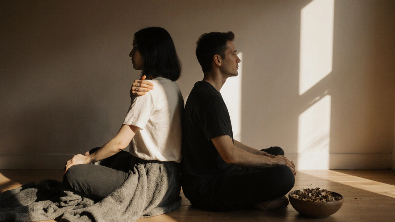 Dvojice sedí zády k sobě, ruce na ramenou, klidně dýchají spolu v tichém, teplém prostředí.