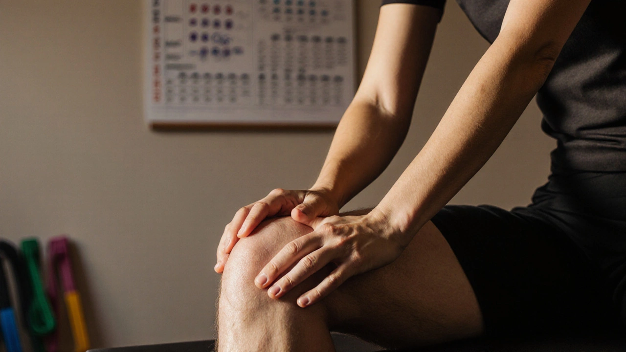 Fyzioterapeut provádí rehabilační masáž na kolenním kloubu po operaci.