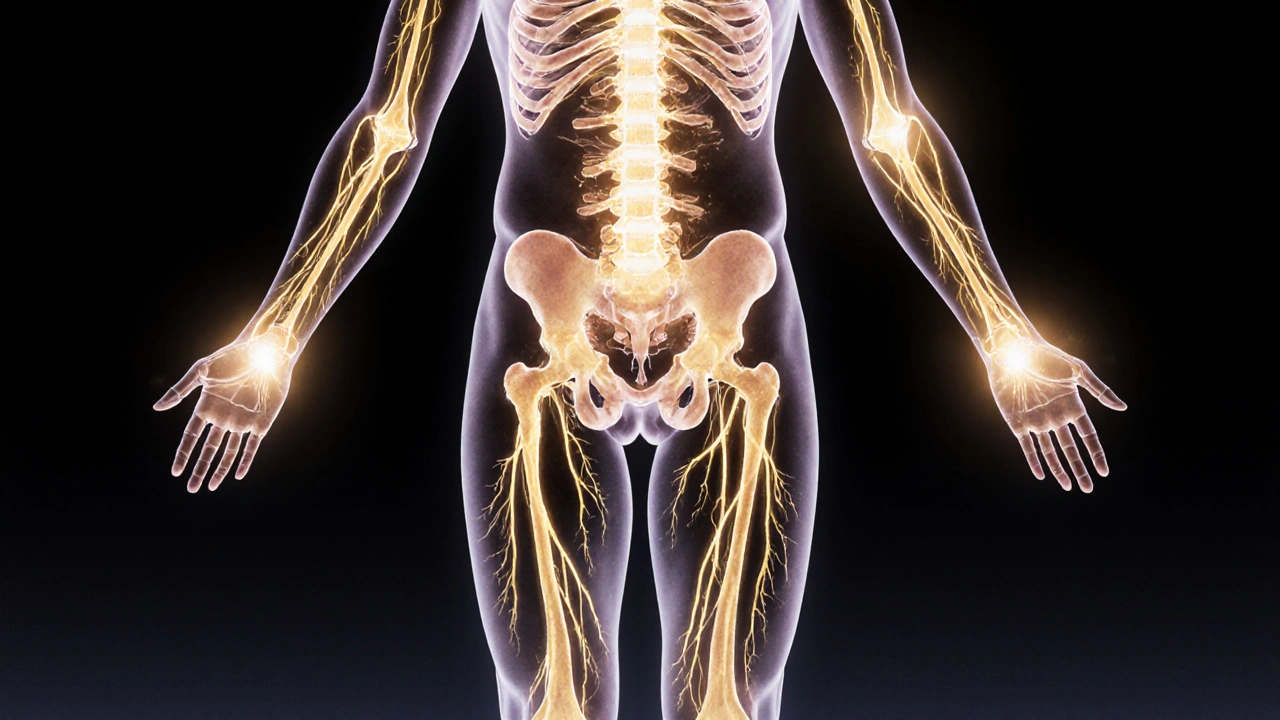 Glowing golden meridians flow through the human body, showing energy pathways connected to pressure points.