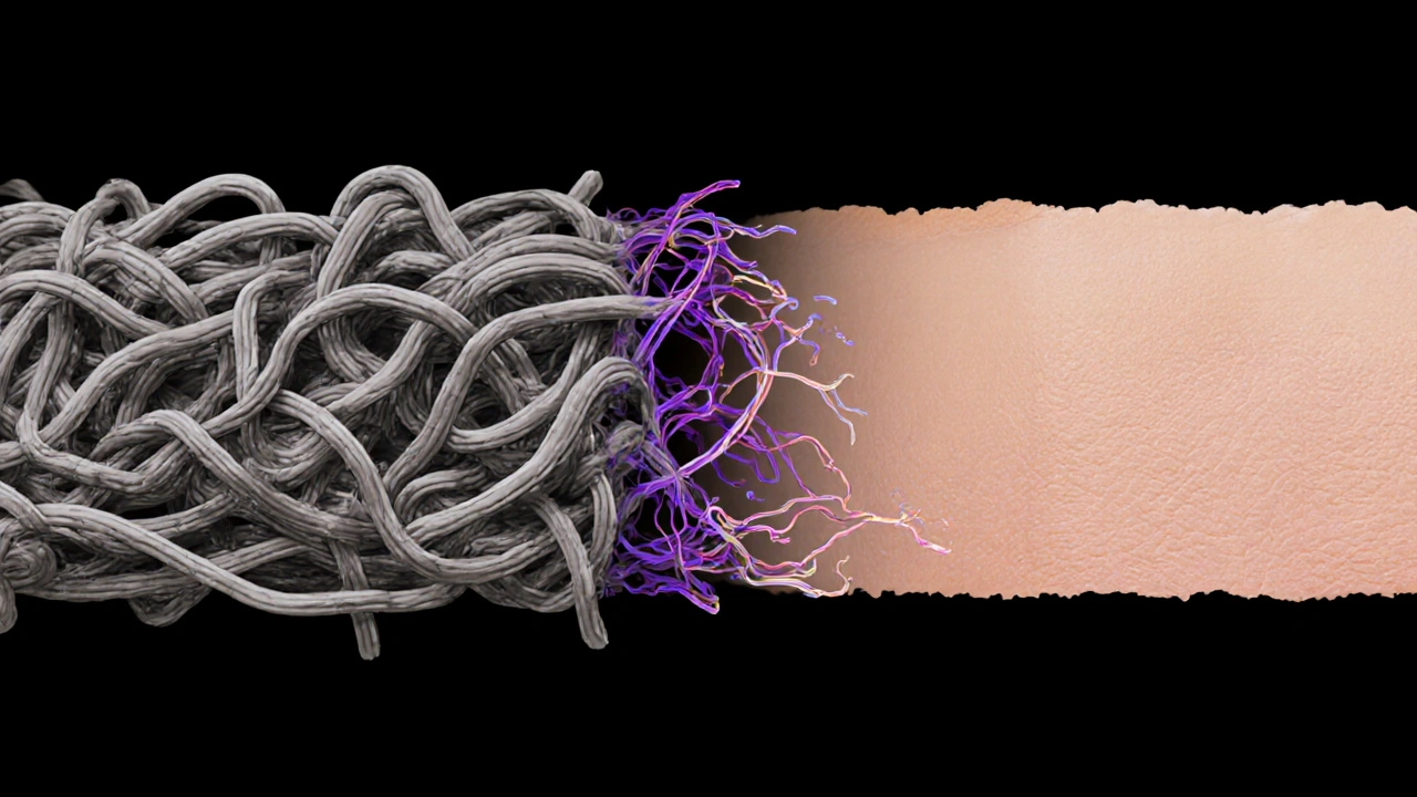 Konceptuální znázornění změny tkáně od celulitidy k hladké kůži.