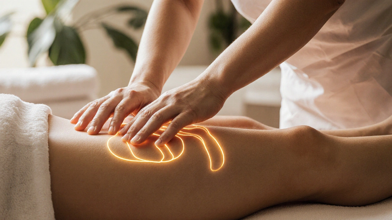 Masérka provádí anticelulitidní masáž na stehně pacientky.