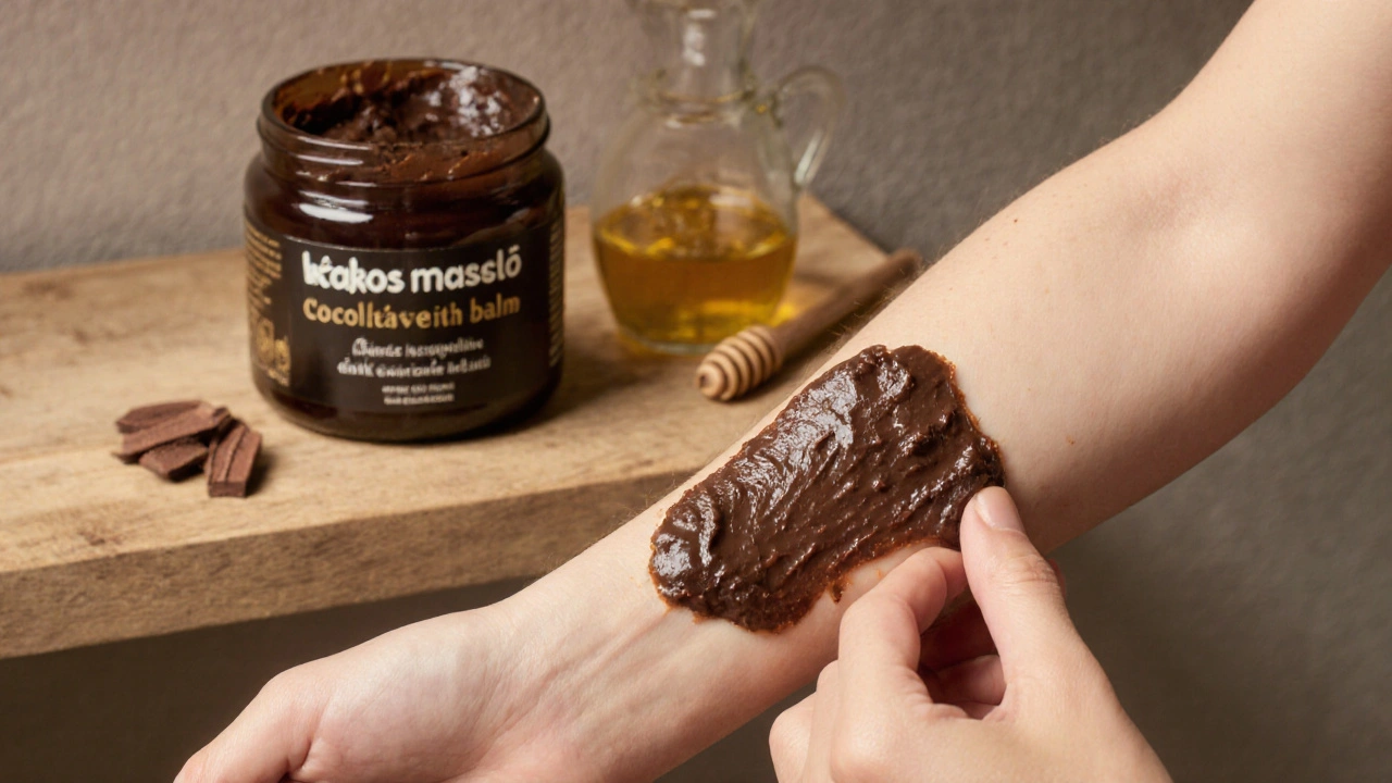 Ruce aplikují hustý čokoládový krém na paži s viditelnými texturami kakaového másla.