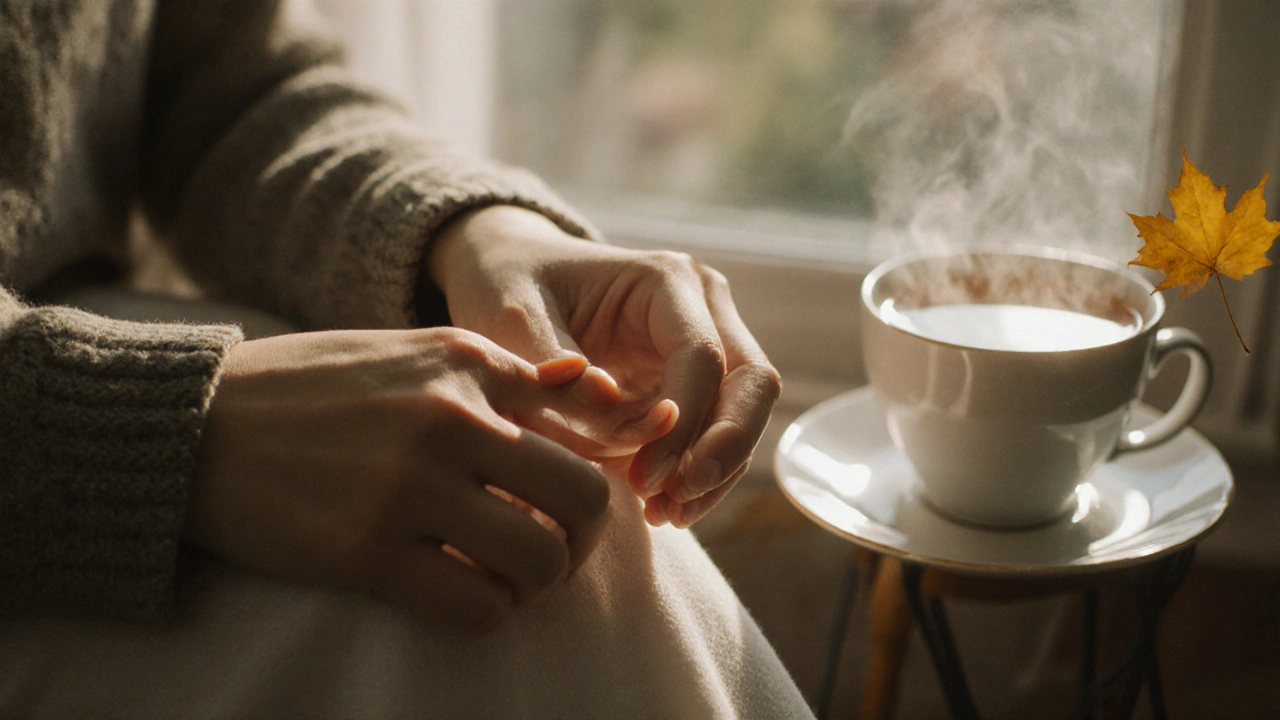 Ruce aplikují tlak na bod mezi palcem a ukazovákem, vedle stojí šálek čaje a padá list.