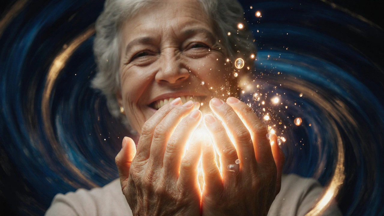 Ruce se jemně dotýkají na srdci, kolem nich se vznášejí světelné částice představující energii.