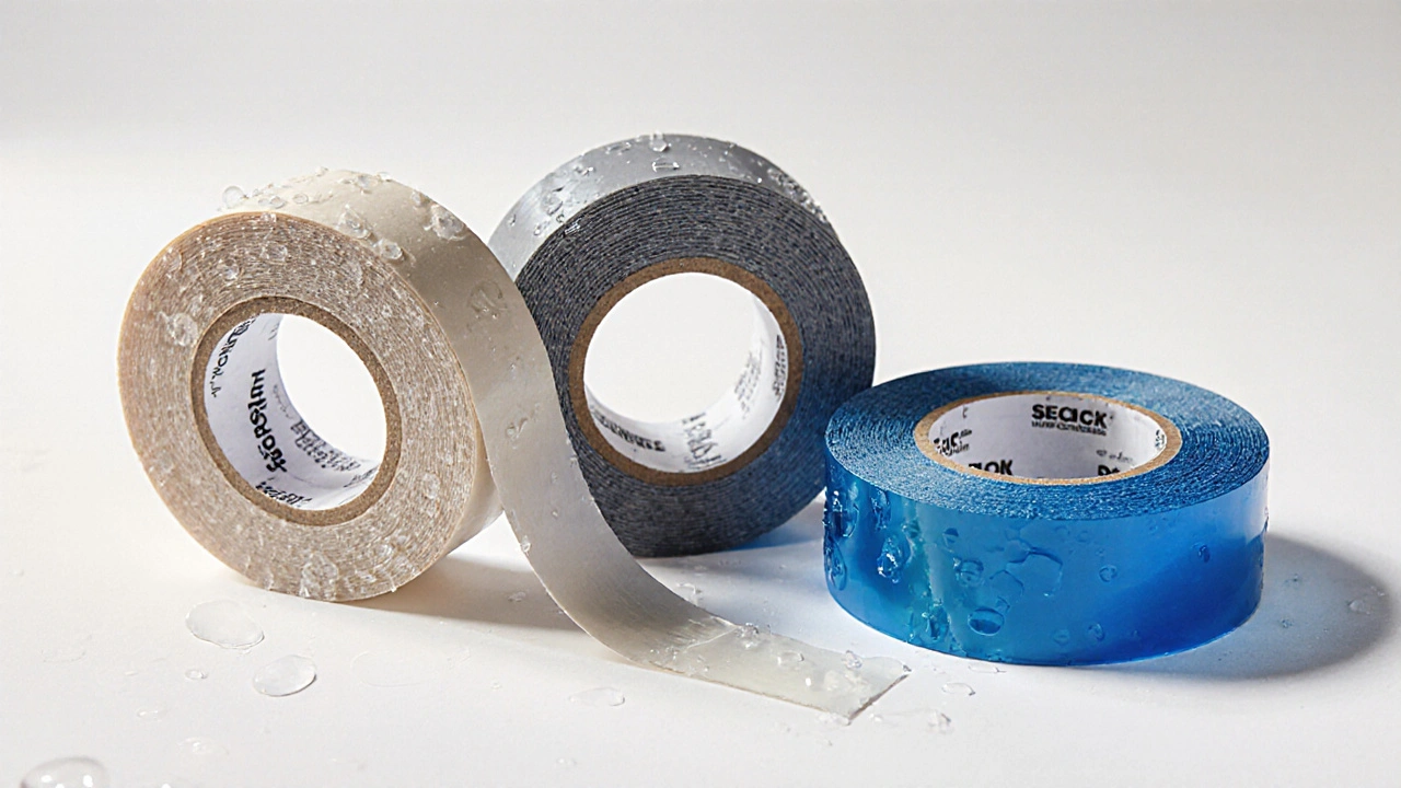 Tři typy kinesiologických tejpů: bavlněný, posilující a vodotěsný.