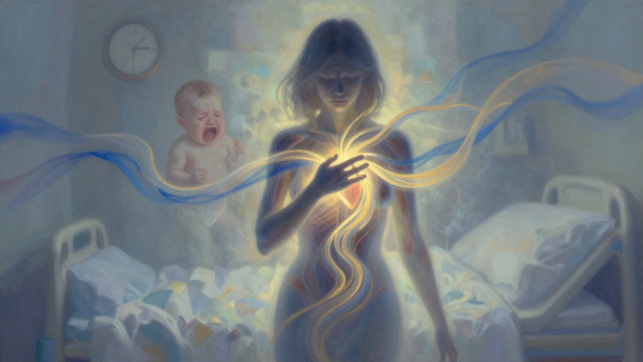 Abstraktní vyjádření návratu klidu a štěstí do těla nové matky po porodu.