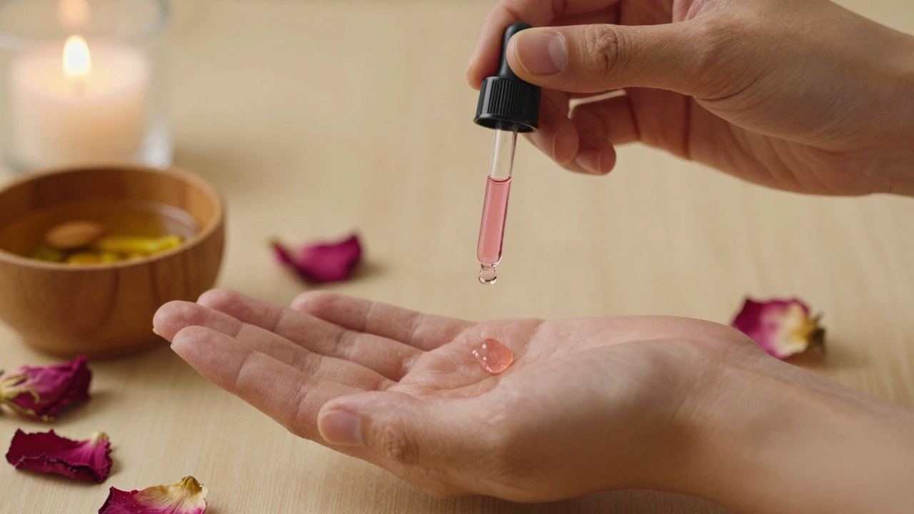Dvě ruce předávají kapičku vůně, okolo sušené růže a olej.