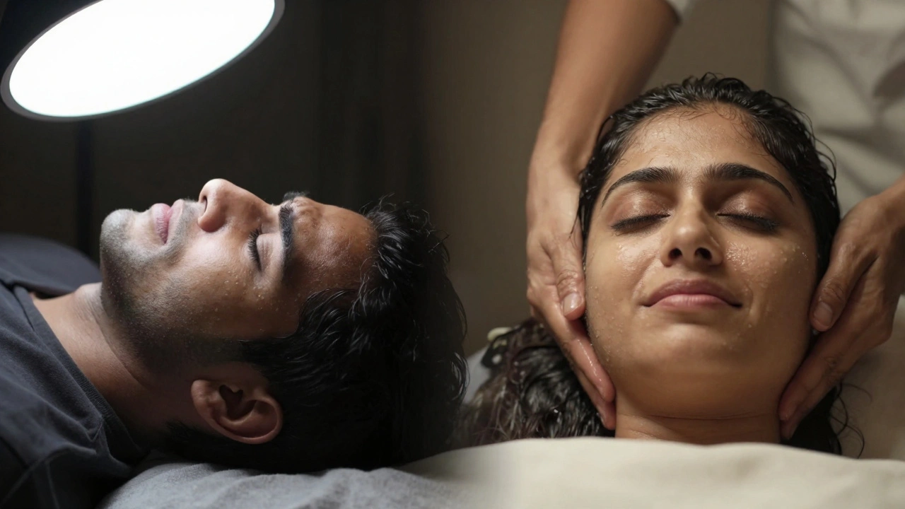 Dvoučástní fotografie: jedna strana znázorňuje stres, druhá klid – přeměna těla a mysli po masáži hlavy.