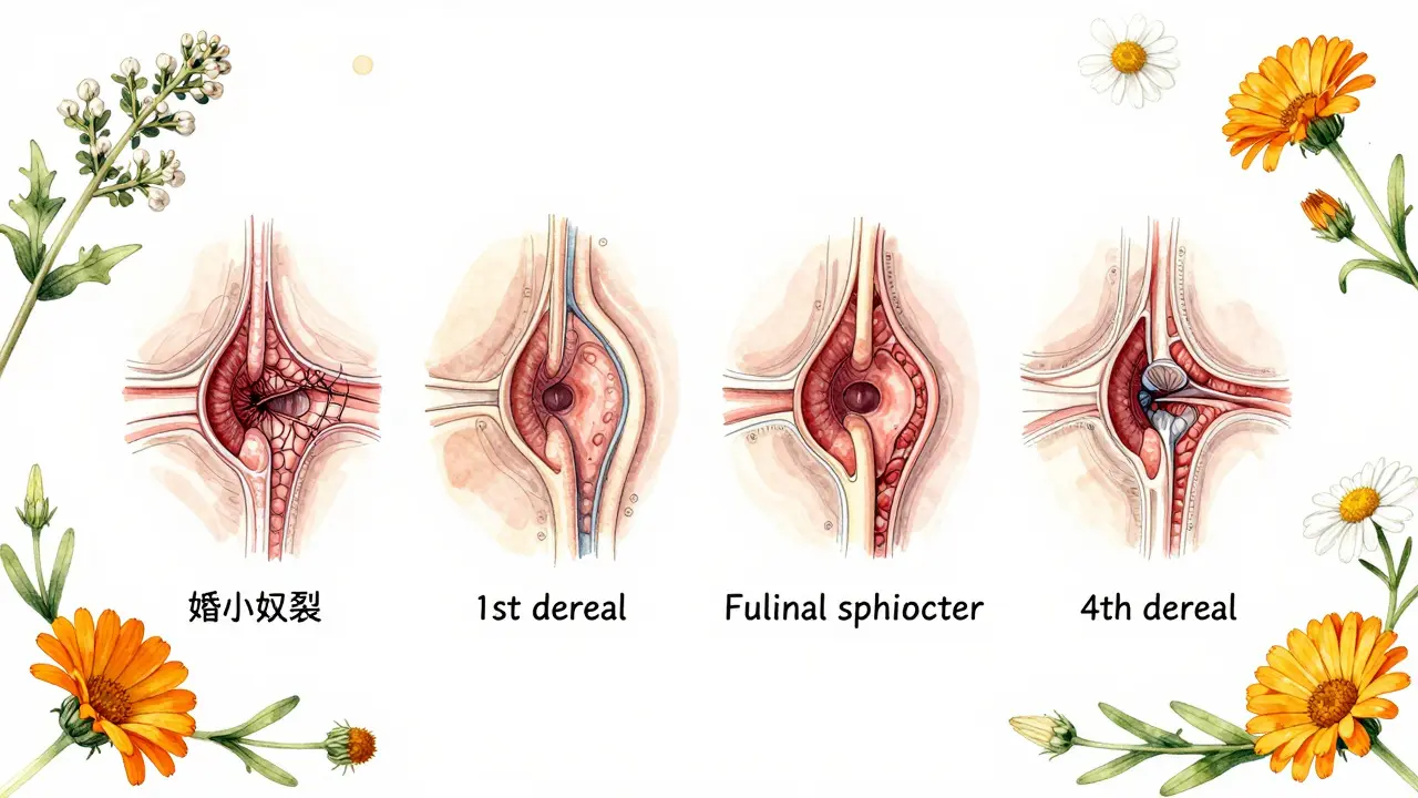 Ilustrace čtyř stupňů poporodních poranění s přirozenými bylinkami.