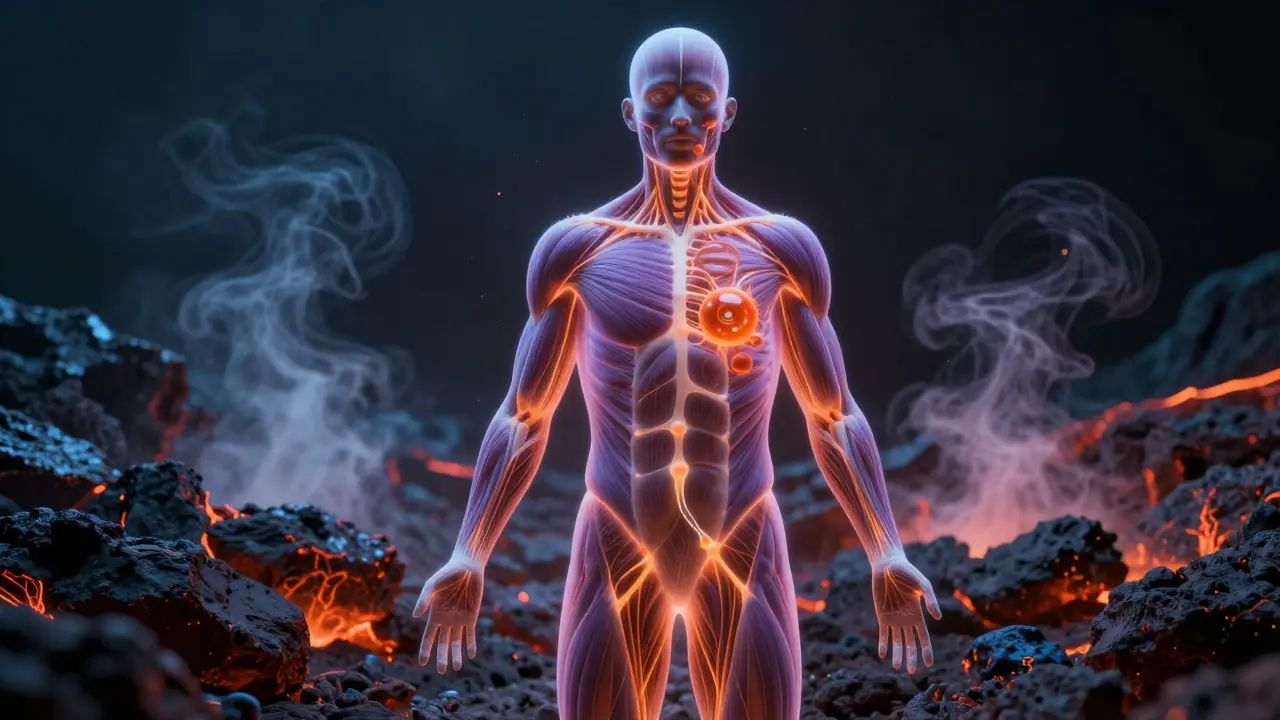 Koncepční obrázek molekul éterického oleje pronikajících do svalů a nervů při masáži lávovými kameny.