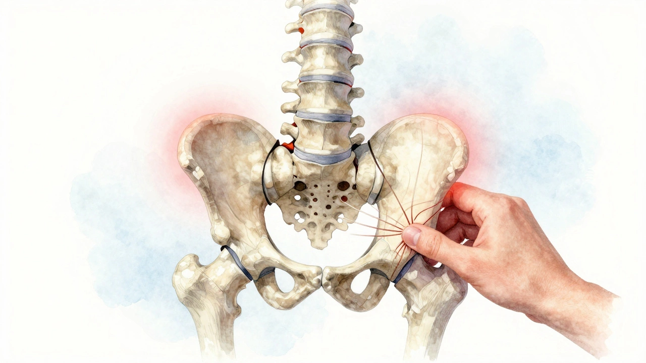 Křehká anatomická ilustrace páteře a kyčle v nesprávné poloze s náznakem zánětu.