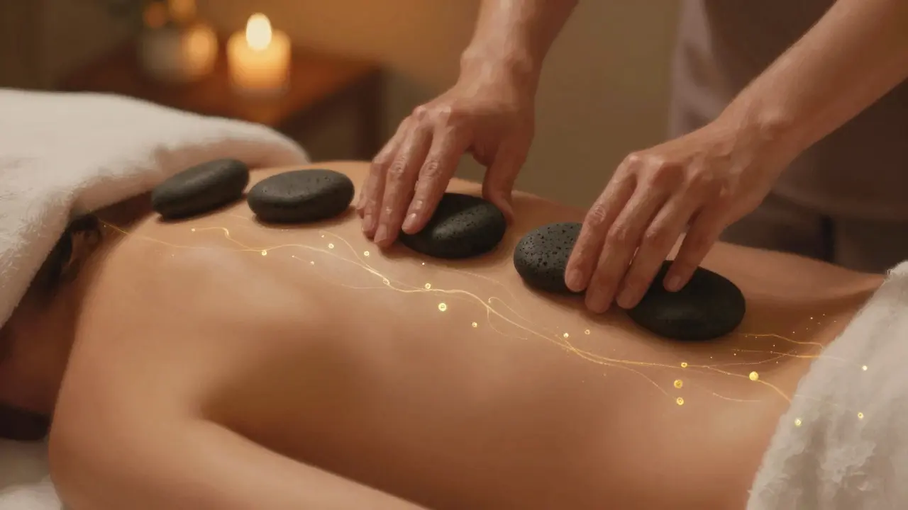 Masažér pohybuje teplými kameny po zádech, s jemnými stopami oleje pronikajícími do kůže.