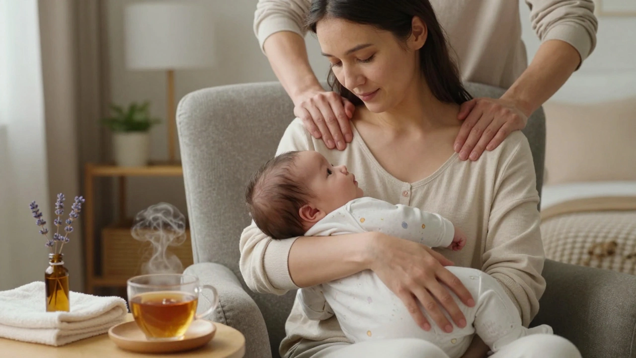 Partner masíruje ramena nové matky, která drží své dítě na klíně.