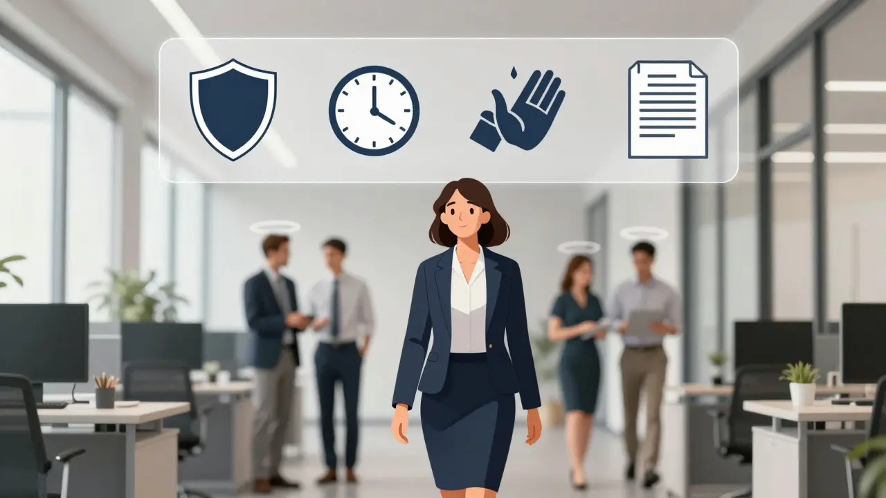 Těhotná pracovnice v kanceláři s ikonami svých práv ve stylu ilustrace.