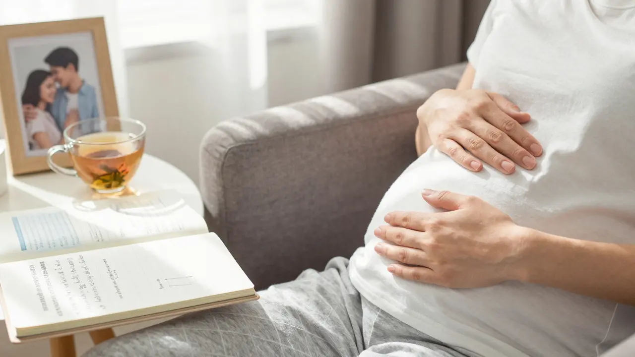 Těhotná žena klidně sedí u okna s doporučením na těhotenskou masáž.