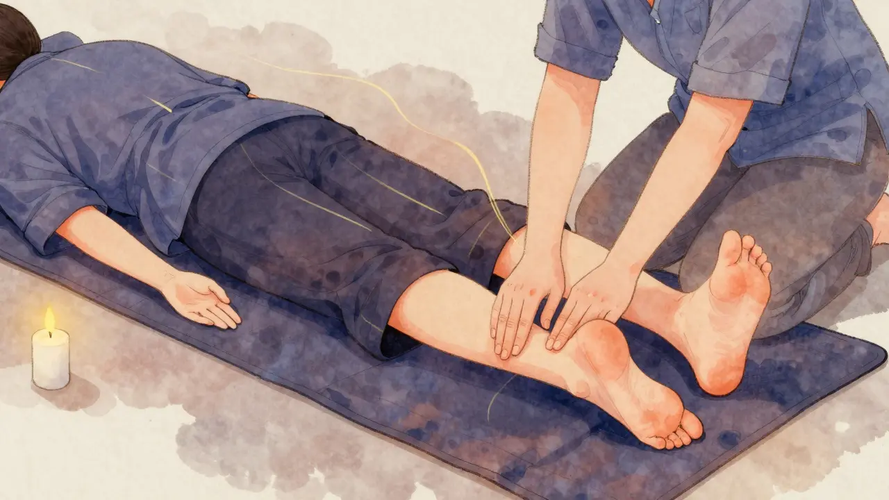 Terapeut aplikuje tlak na vnitřní stranu kotníku pacienta ležícího na matraci, v plném oblečení.