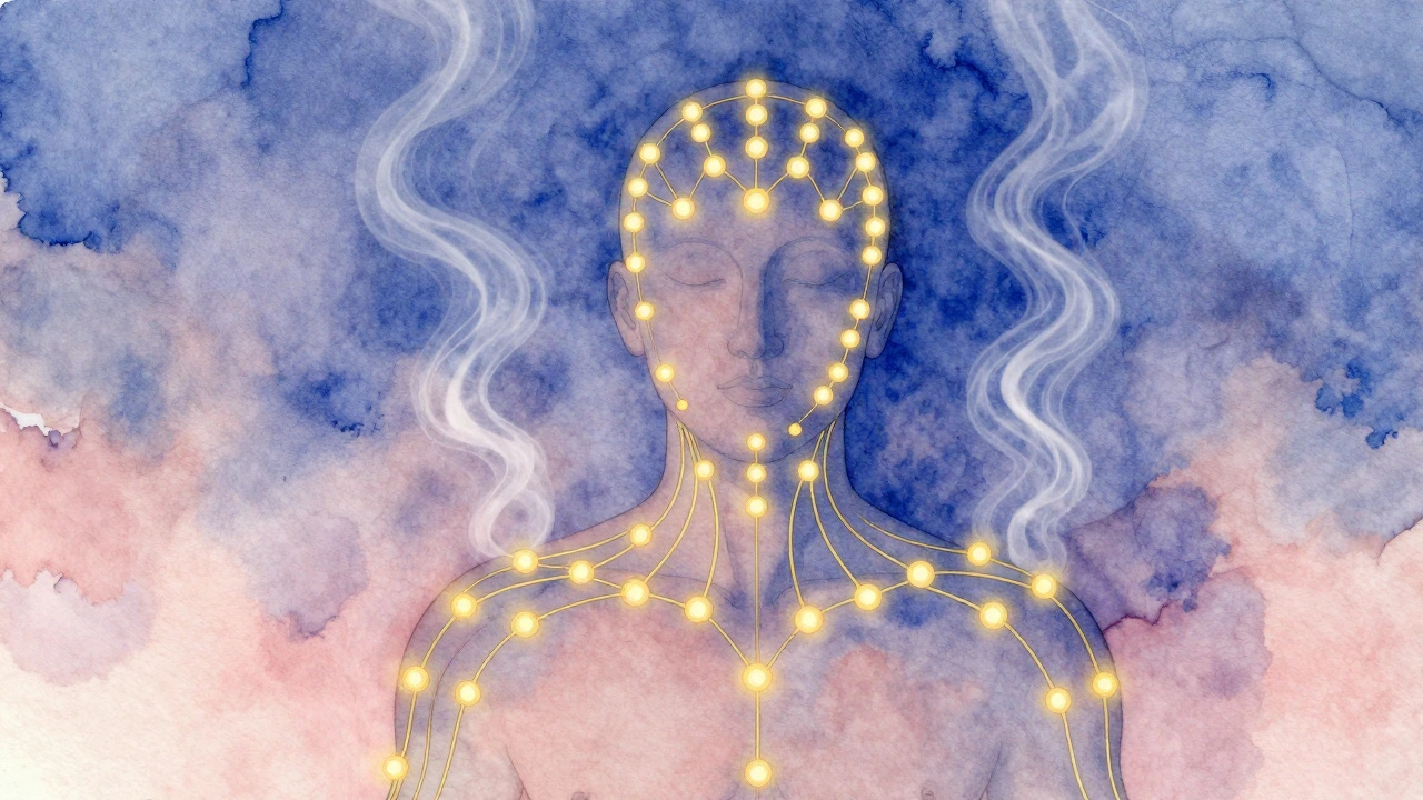 Umělecká ilustrace ukazující zlaté energetické linie spojující klíčové body na hlavě a krku při ayurvédské masáži.