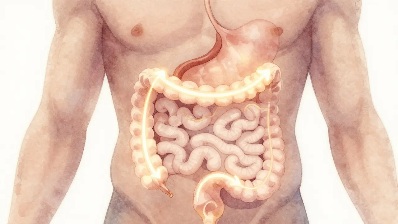 Vnitřní pohled na střeva s vykreslenou cestou ve směru hodinových ručiček, symbolizující přirozený pohyb trávení.