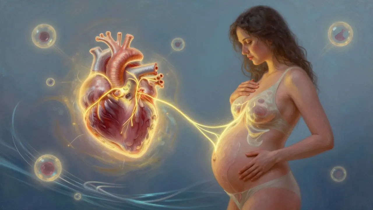 Abstraktní obraz spojující srdce těhotné ženy s plodem zlatou září, symbolizující uvolnění a spojení.