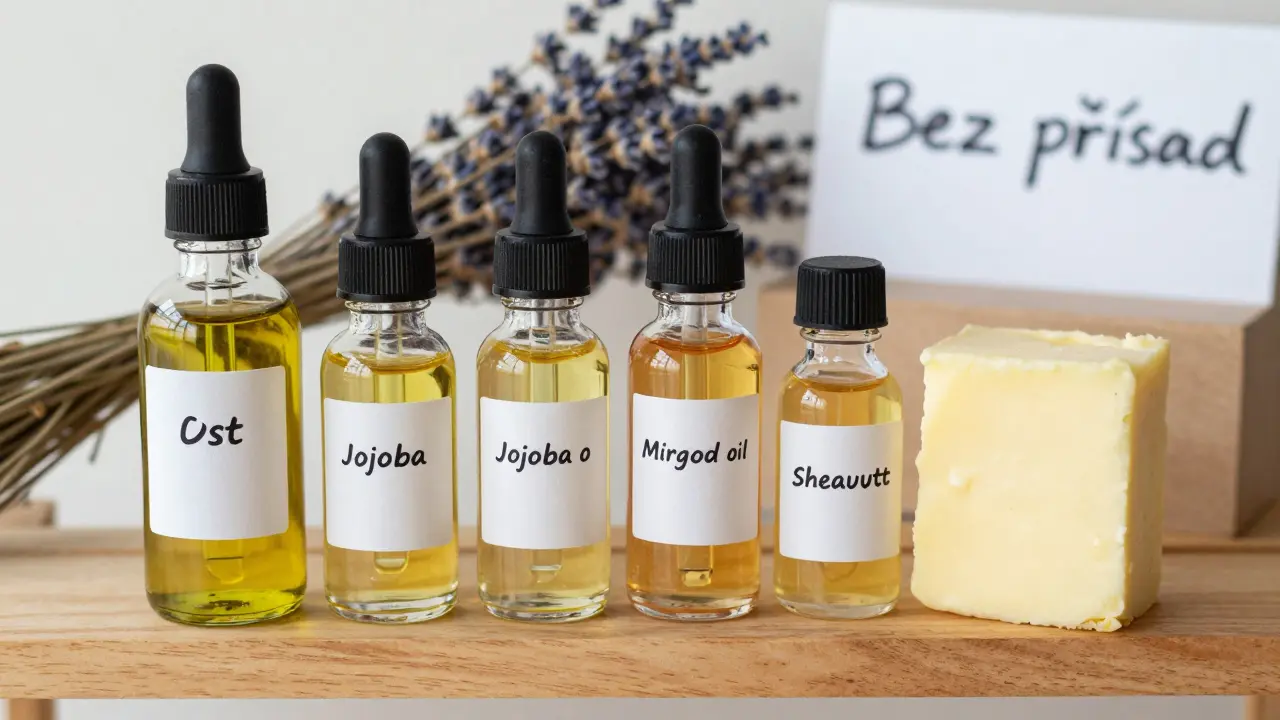 Čtyři přírodní oleje pro těhotné: olivový, jojobový, marhulový a maslový.