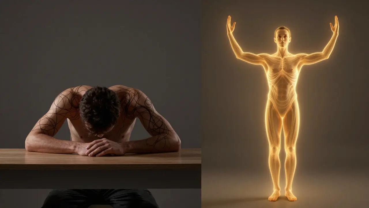 Konceptuální obraz před a po: napětí vs. rovnováha energie v těle.