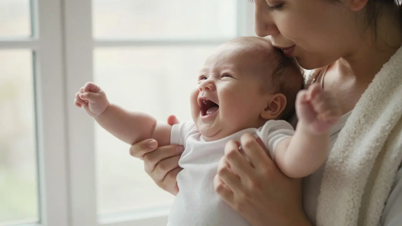 Miminko se směje, když mu rodič pomalu hýbe rukama jako s ptáčkem.