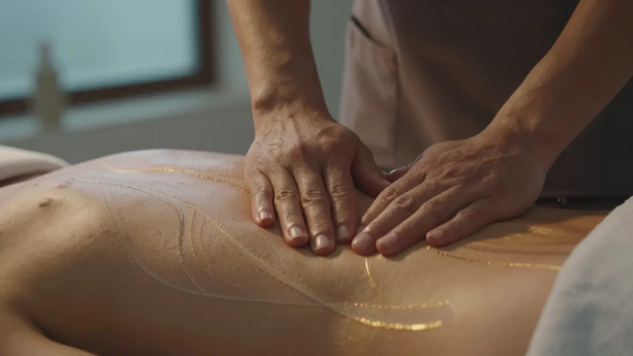 Ruce terapeuta tlačí na akupresurní bod mezi palcem a ukazováčkem klienta.