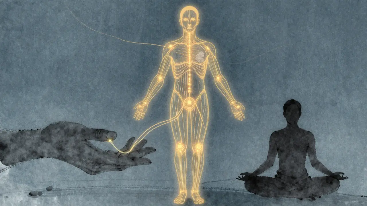 Umělecká ilustrace toku životní energie Qi po energetických cestách těla.