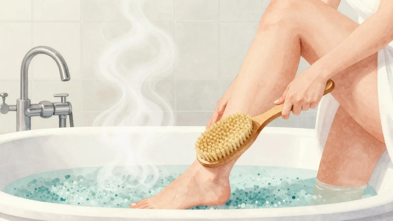 Žena provádí sušené štětce na noze jako součást denní péče o kůži.