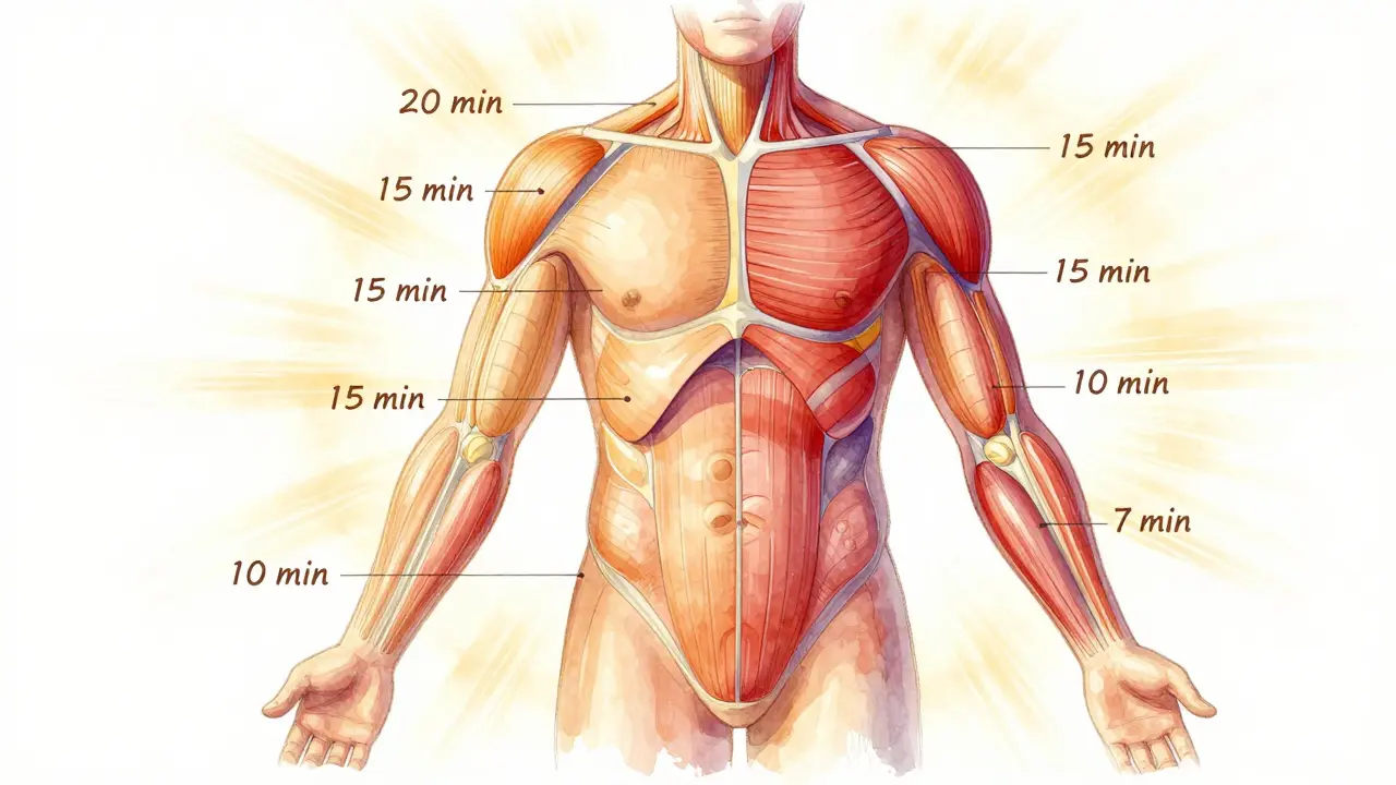 Anatomická ilustrace těla s označenými oblastmi masáže a doporučenými časy bez textu.