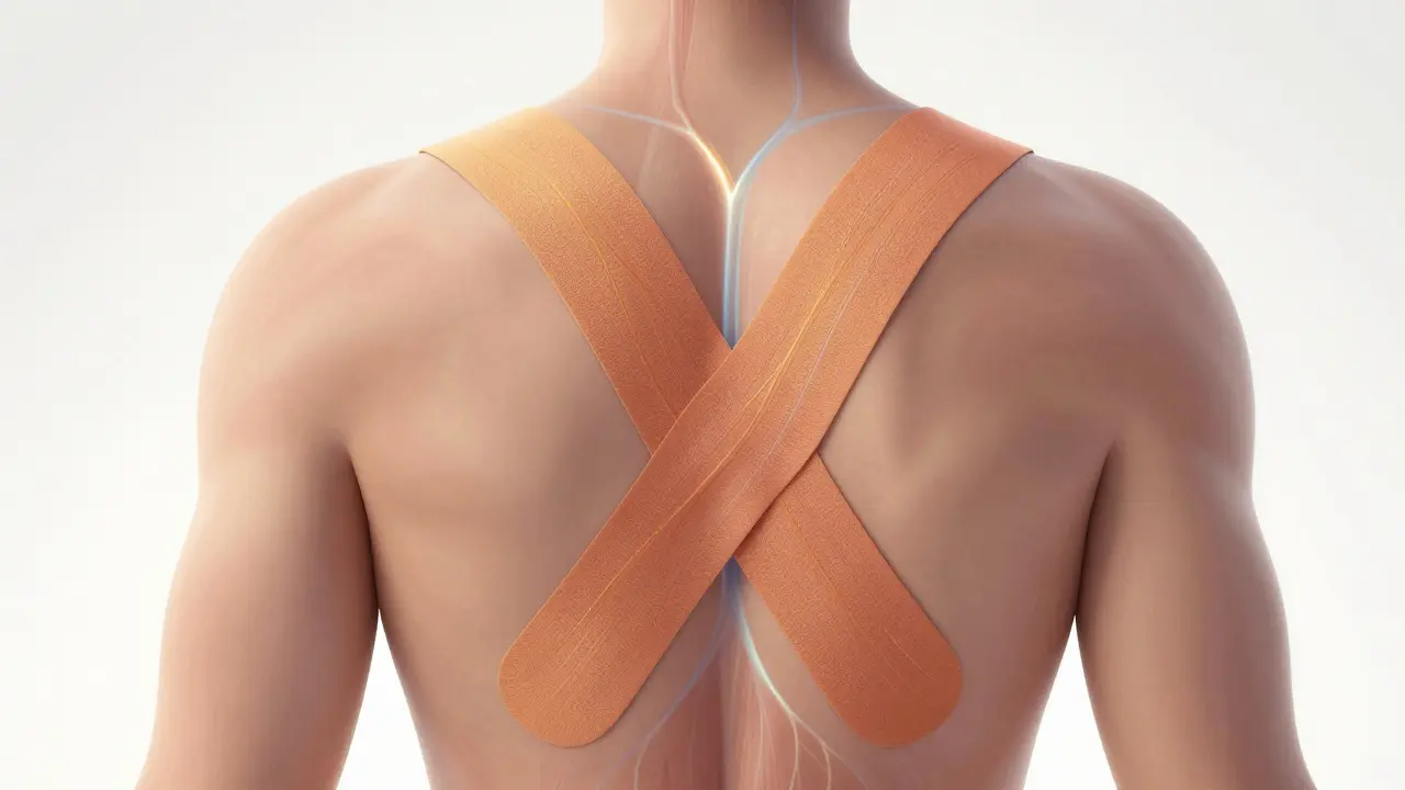 Dva kousky kinesiologického tape tvoří tvar Y na zádech s vize krevního a lymfatického toku pod kůží.