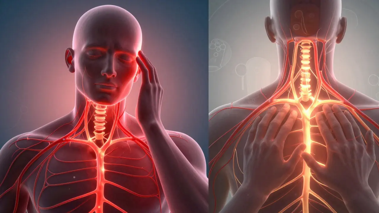 Konceptuální obrázek: napjaté nervy na jedné straně, uvolněné a osvětlené na druhé.