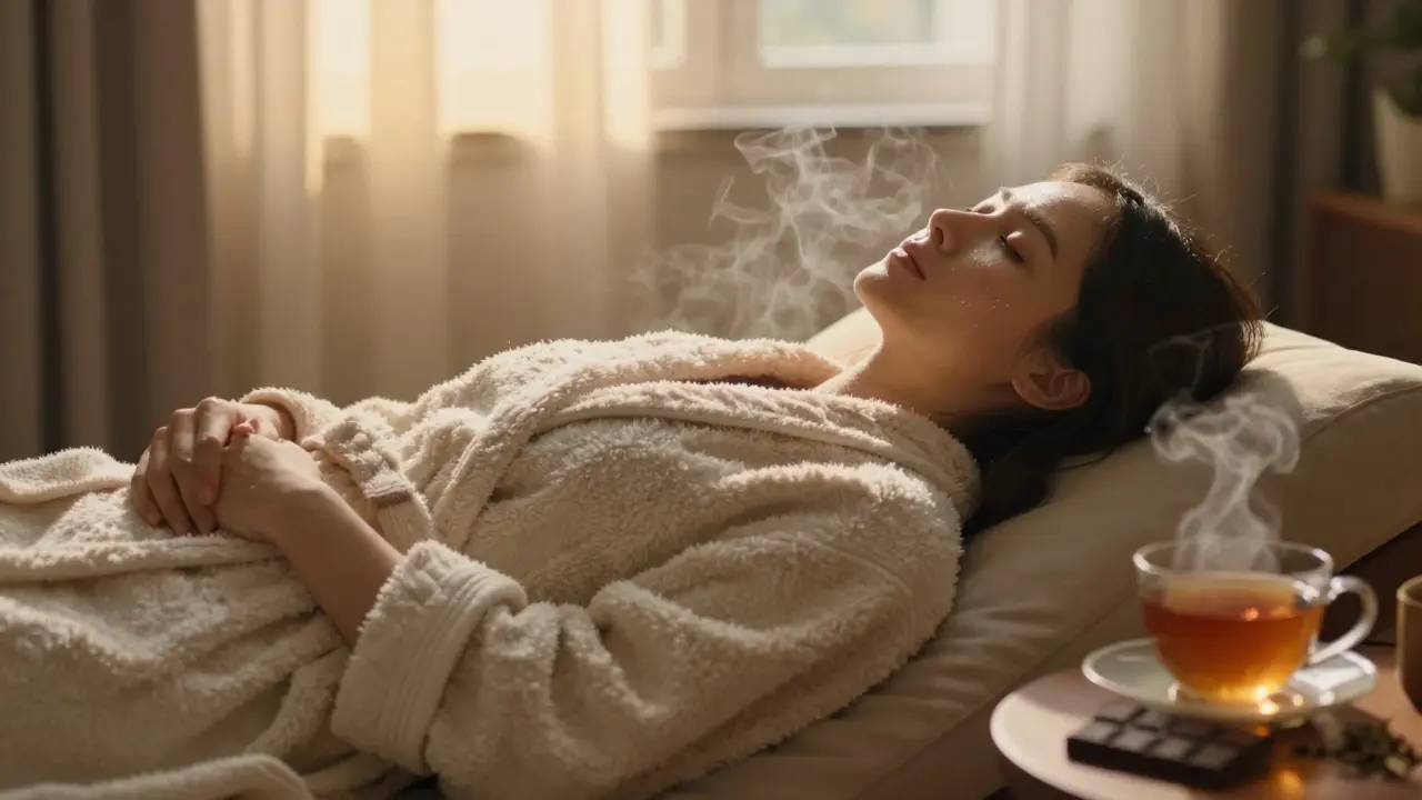 Osoba zabalena do plátna, klidně odpočívá po čokoládové masáži s leskem na kůži.