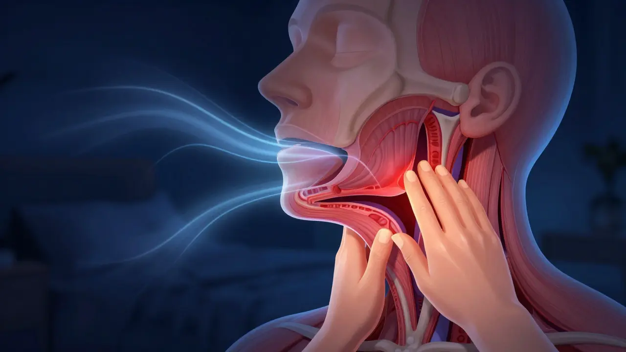 Průřez horních dýchacích cest s ukázkou otevřeného a zablokovaného průchodu vzduchu.