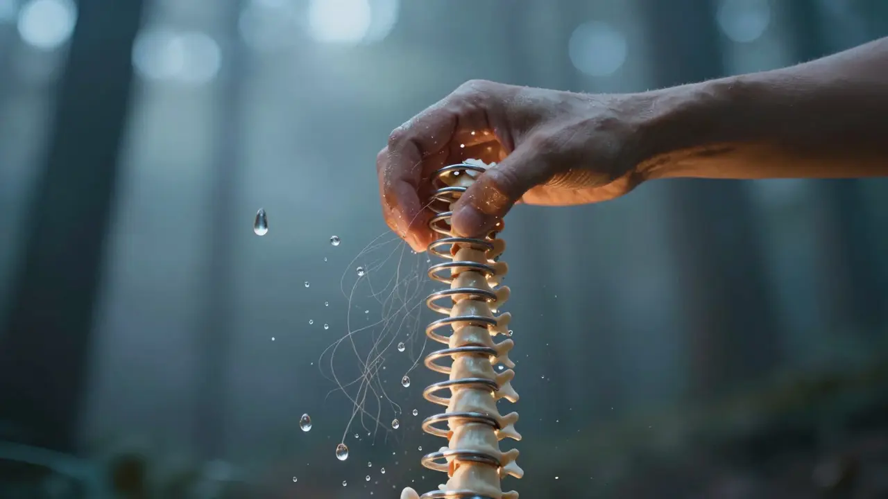 Ruky uvolňují napětí v páteři jako pružinu, s kapkami vody a uvolňujícími svaly.