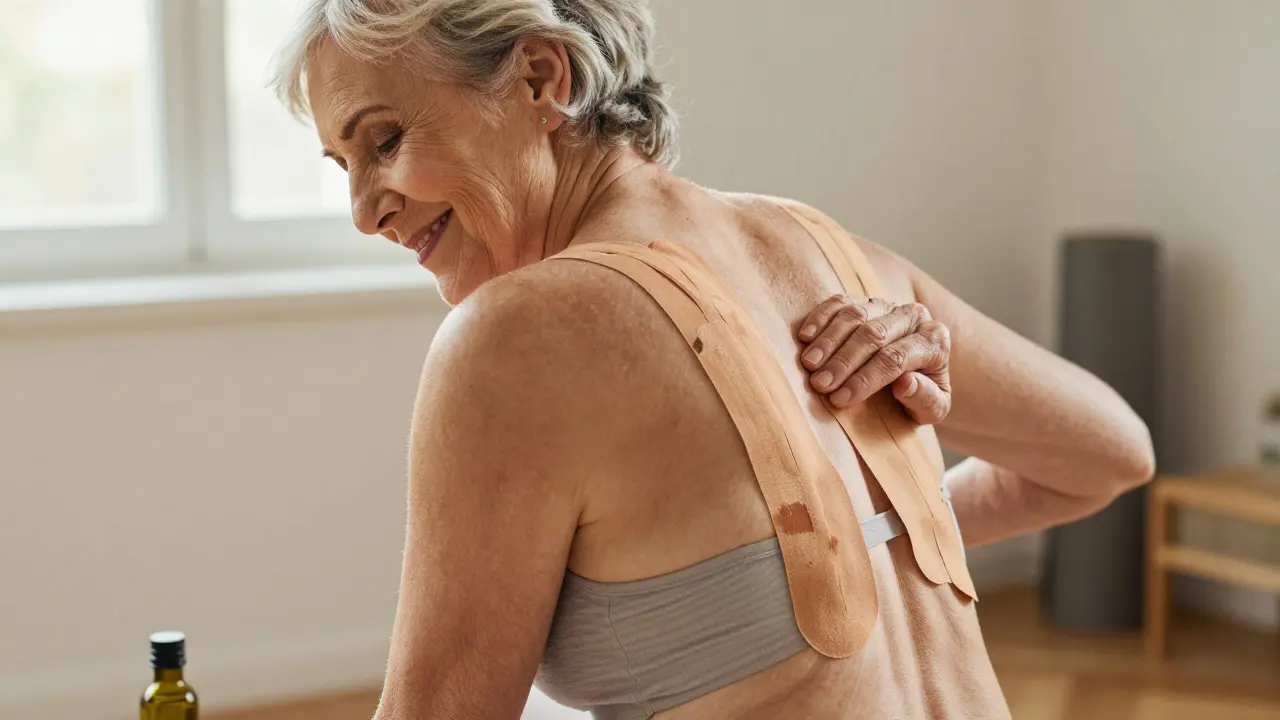 Starší žena odstraňuje použitý kinesiologický tejp z zad, ve výhledu viditelná olivová olejová láhev a matrace.