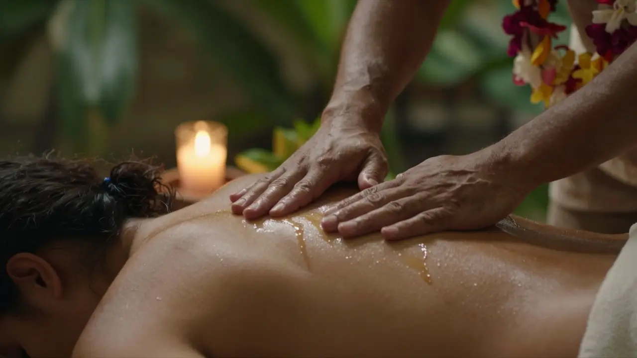 Blízký pohled na ruce maséra, které jemně masírují záda pacienta s olejem a teplým světlem.