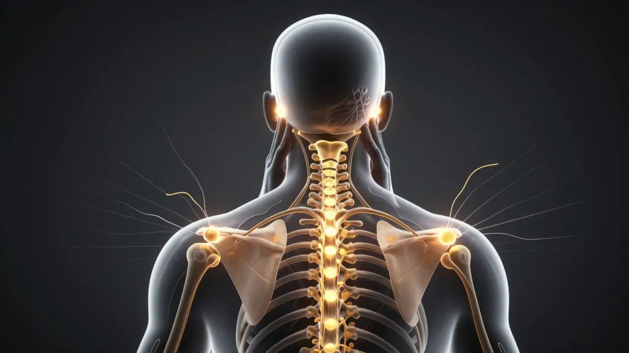 Glowing pressure points na krku, mezi lopatkami a za ušima s krevními proudy a nervovými signály.