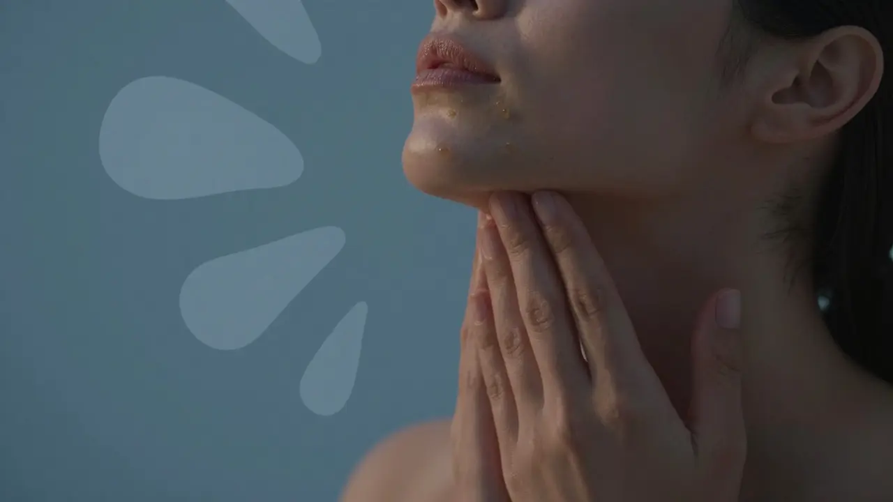 Jemná masáž čelisti a krku rukou s abstraktními tvary symbolizujícími uvolnění napětí.