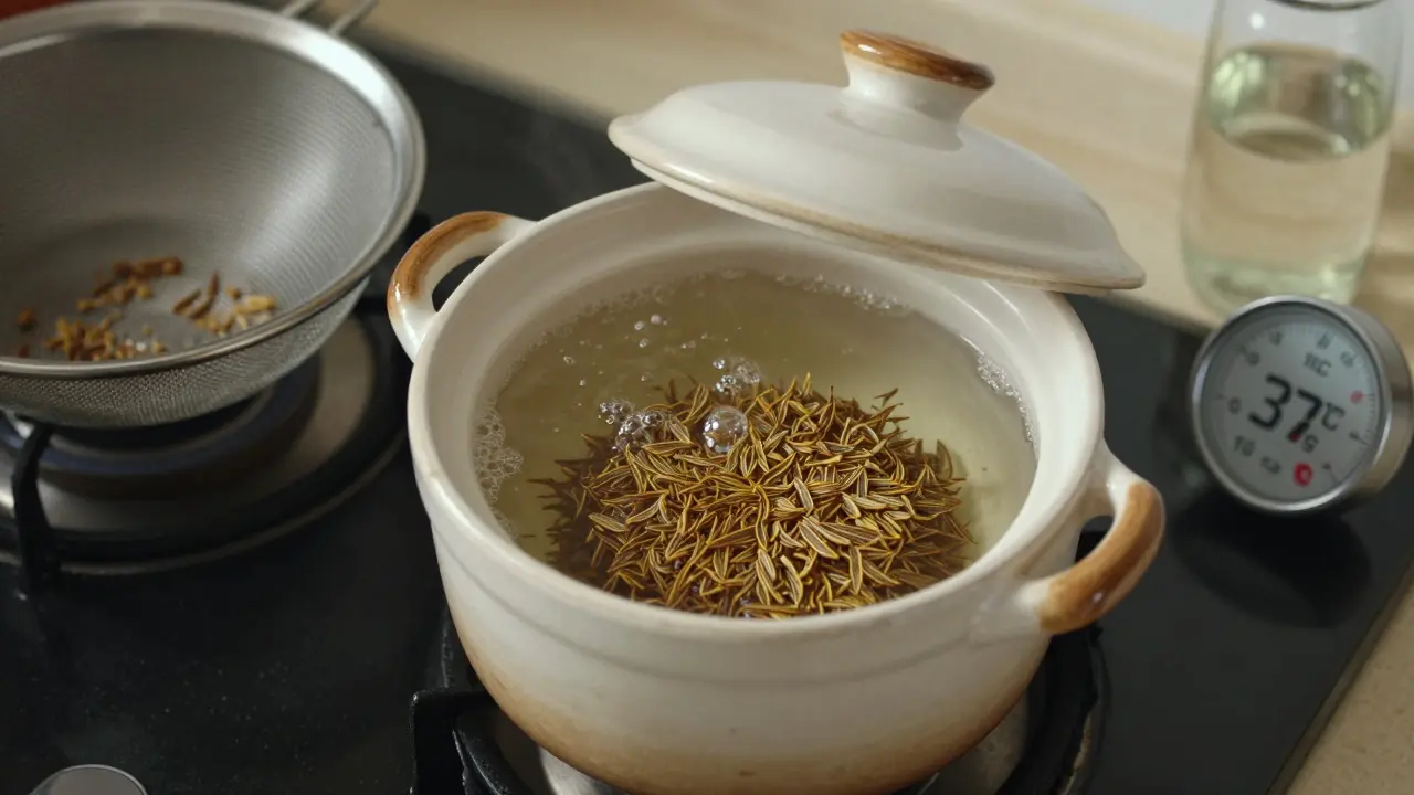 Krok za krokem příprava kmínového odvaru: zrná, hrnek, časovač, filtr a teploměr.