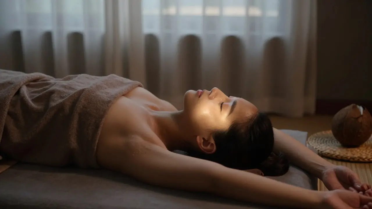 Osoba po masáži Lomi Lomi leží klidně v tichém pokoji, oči zavřené, s jednou slzou na tváři.