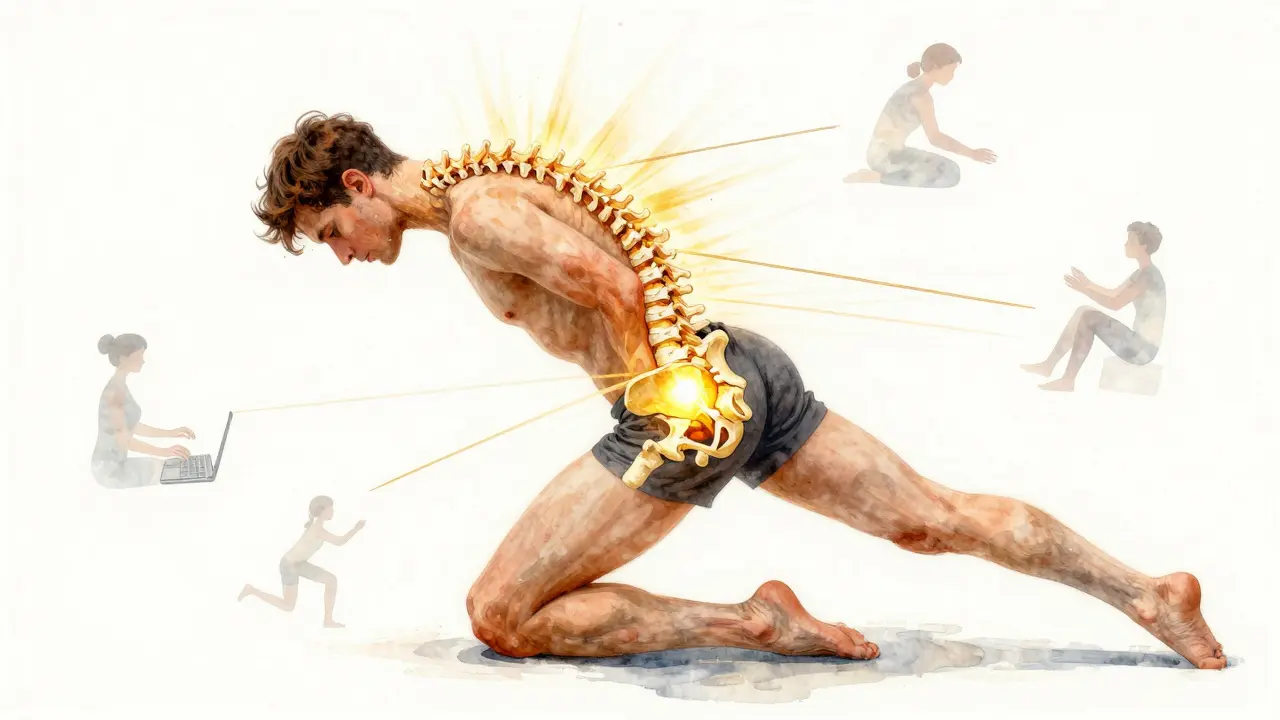 Přeměna zakřivené páteře v volně pohyblivou strukturu s průsvitnými symboly pohybu.