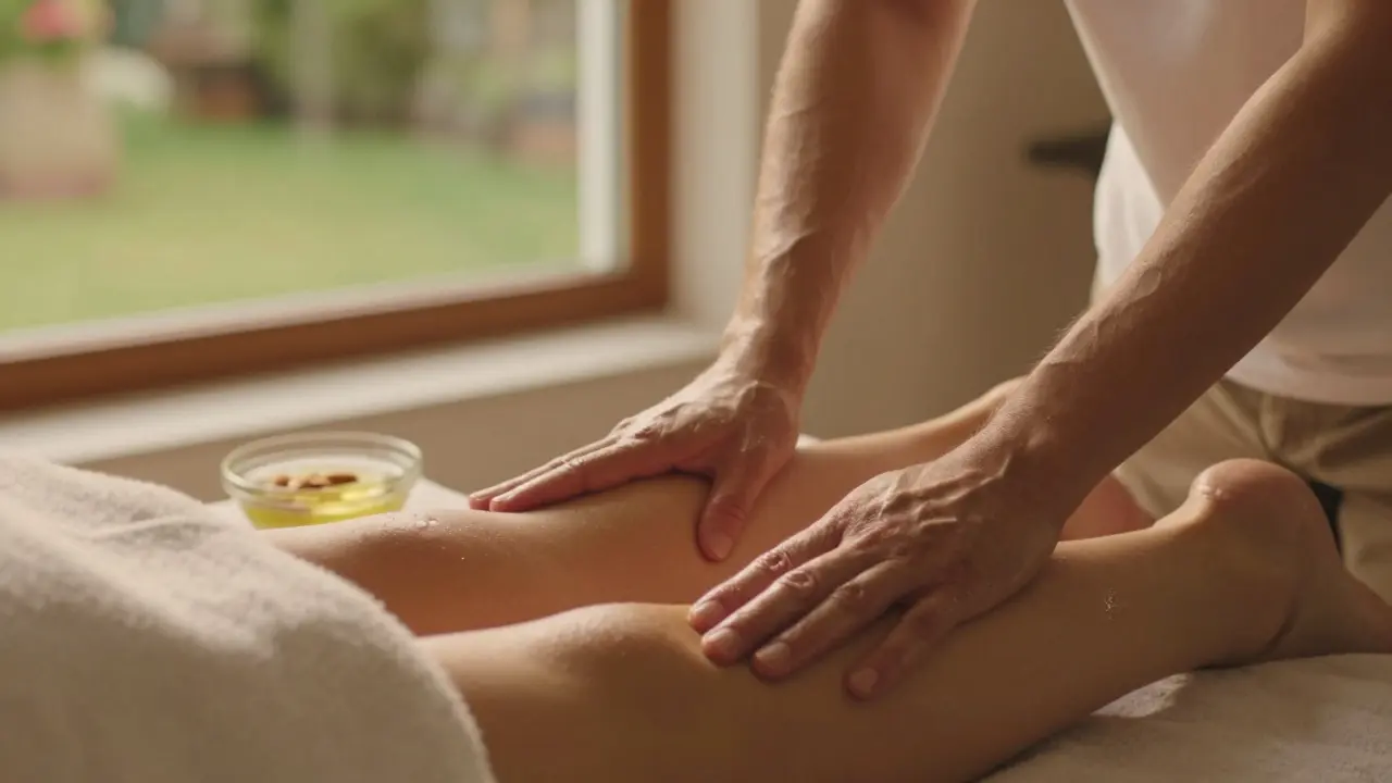 Příruční masáž nohou těhotné ženy s jemnými pohyby směrem k srdci, snižujícími otoky kotníků.