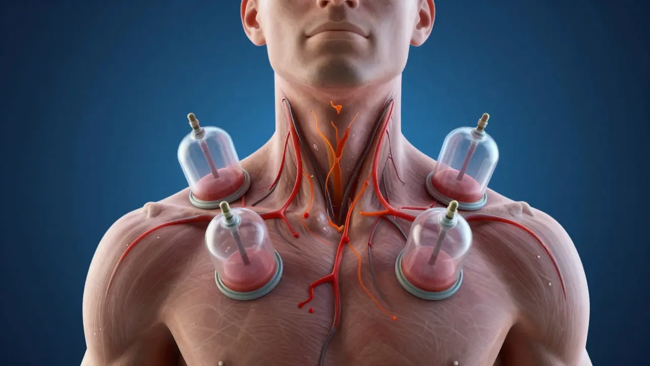 Průhledný lidský silueta s uvolněnými svaly krku a krevním oběhem aktivovaným baňkováním, v klidném modrém prostředí.